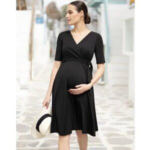 Seraphine Maternity Nursing Mock Wrap Front V-Neck A-Line Dress Stretch Black 4